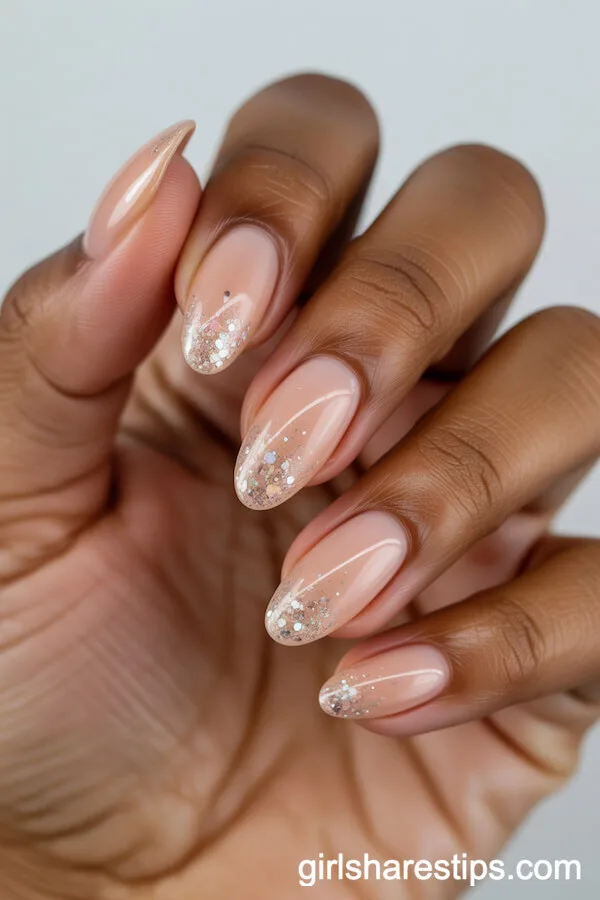 Almond Peach Nude Nails with Glitter Cuticle Gradient