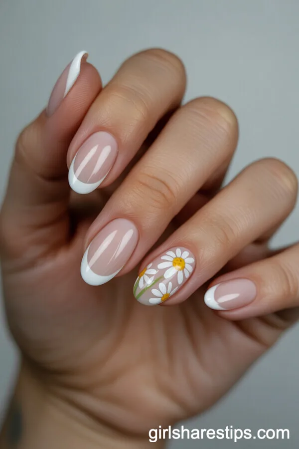 Oval Nude and White French Tips with Hand-Painted Flowers