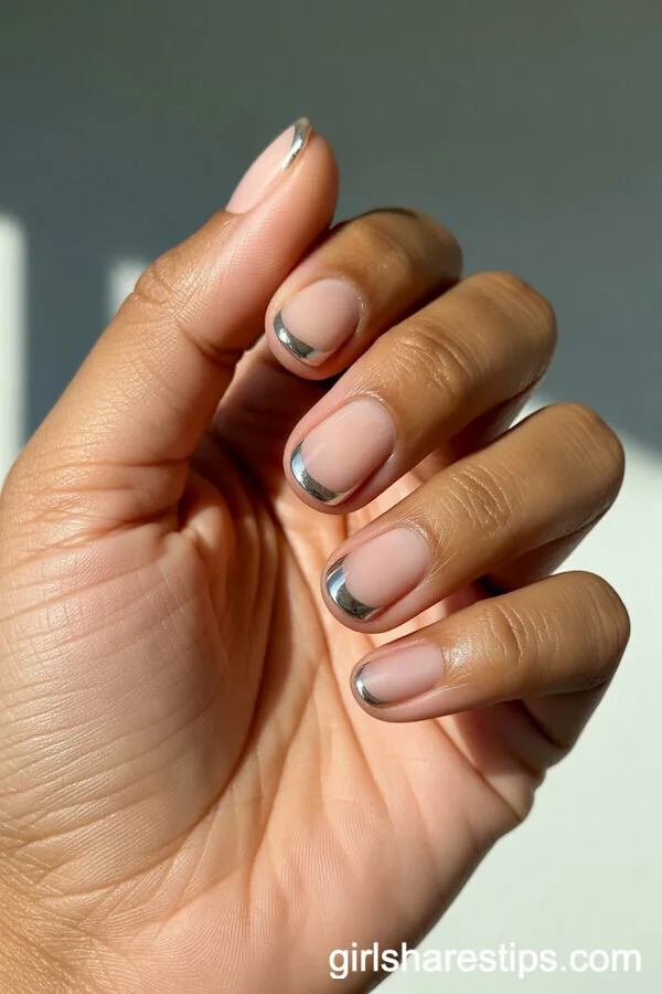 Sheer Pink Nude Square Nails with Silver Foil Accents