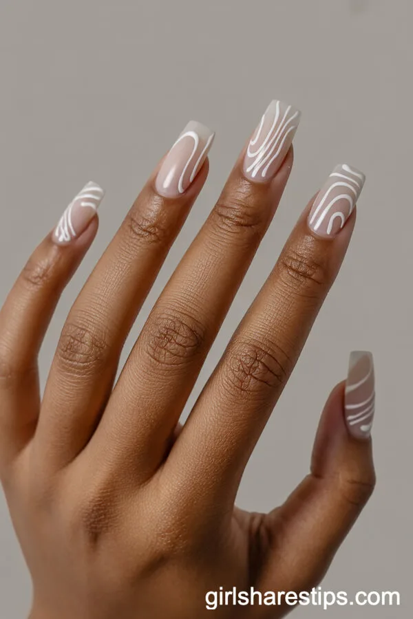 Neutral Square Nude Nails with Minimalist White Abstract Lines