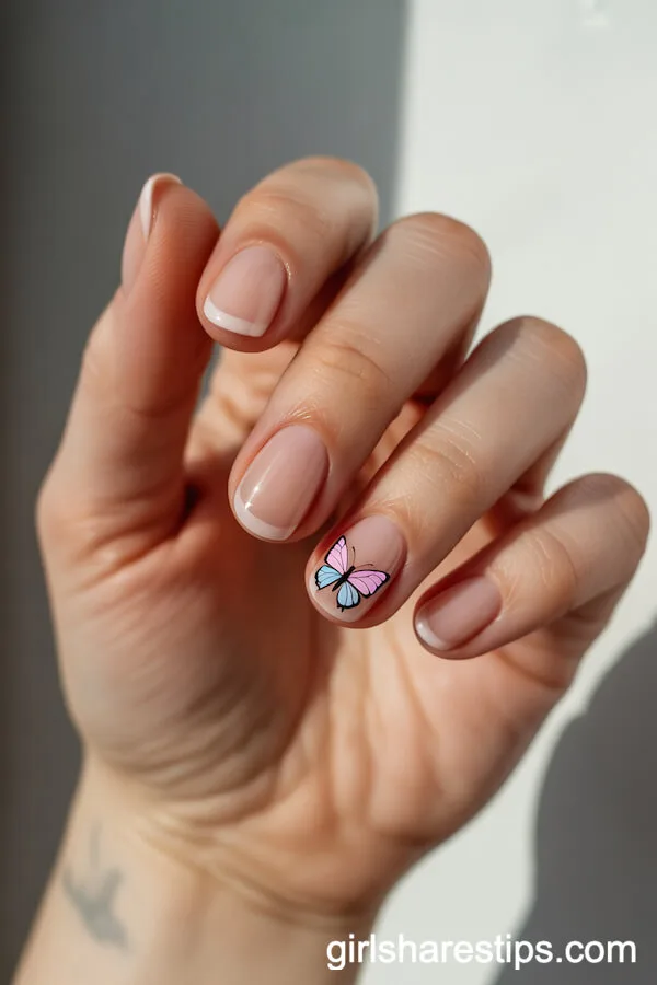 Short Buff Nude Nails with Tiny Pastel Butterfly Accent