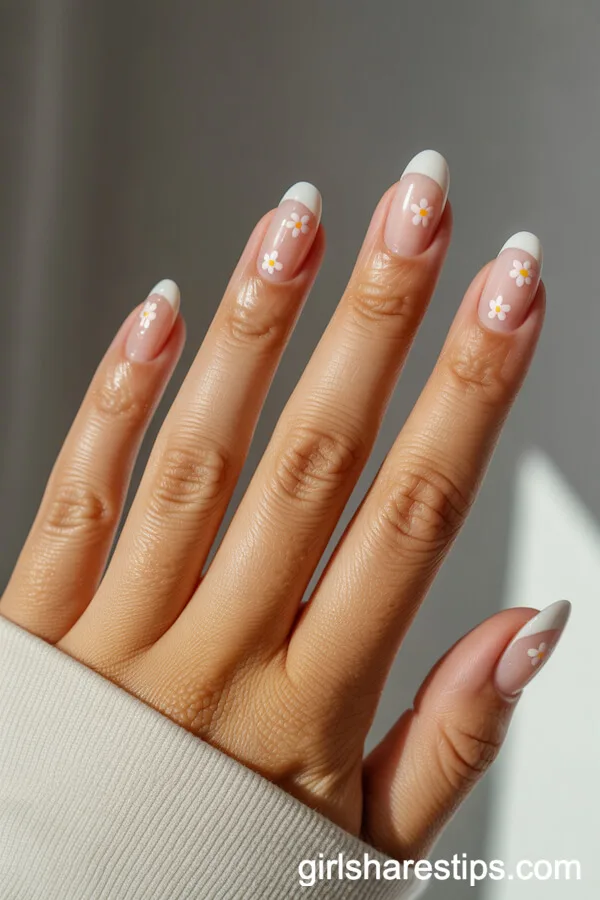 Natural Nude Short Nails with Pastel Flower Decals