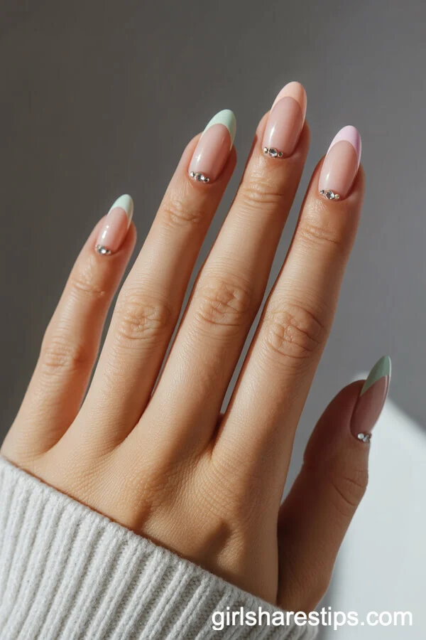 Pastel Nude Almond Nails with Rhinestone Embellishments