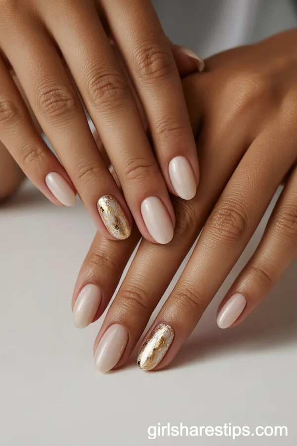 Milky Oval Nude Nails with Irregular Gold Leaf Flakes