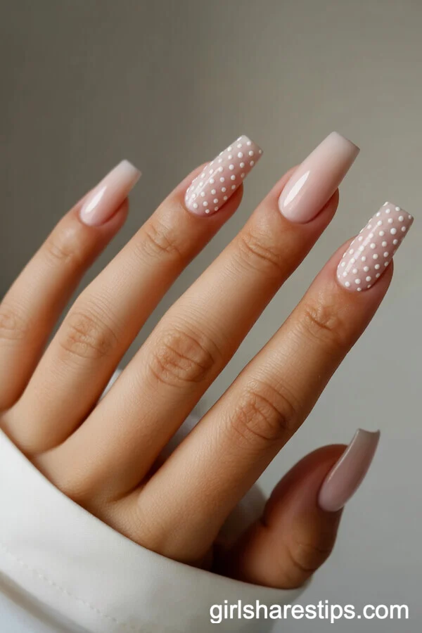 Coffin Rose Nude Nails with Micro Dot Patterns