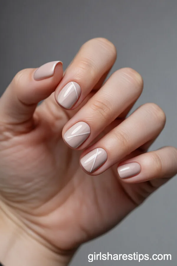 Cool Beige Square Nude Nails with Negative Space Art