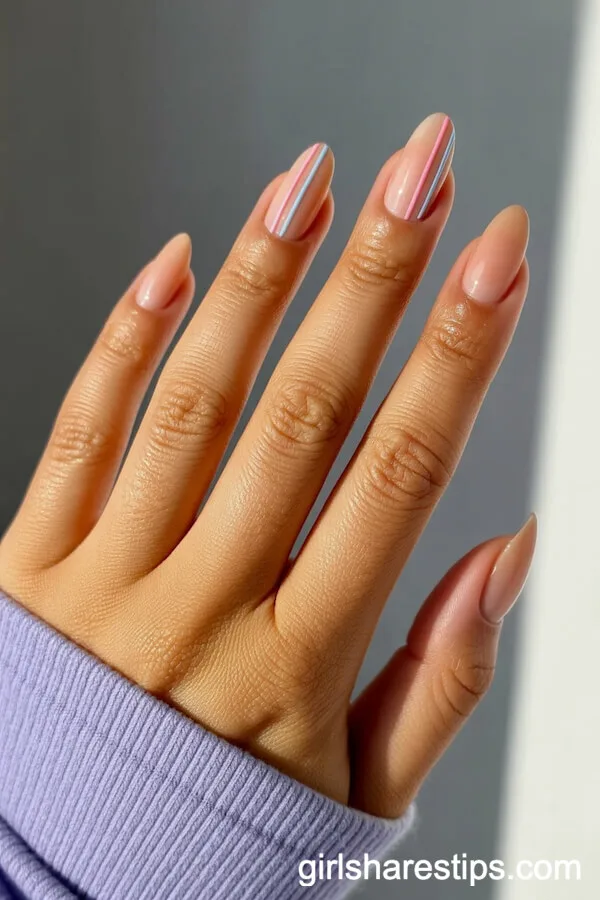 Almond Caramel Nude Nails with Vertical Pastel Stripes