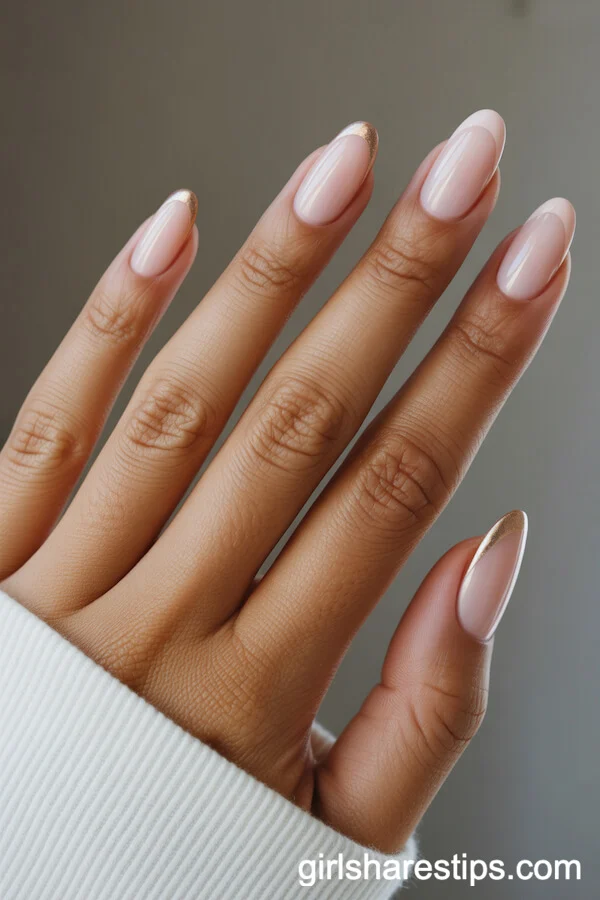 Sheer Pink Oval Nude Nails with Subtle Gold Accents