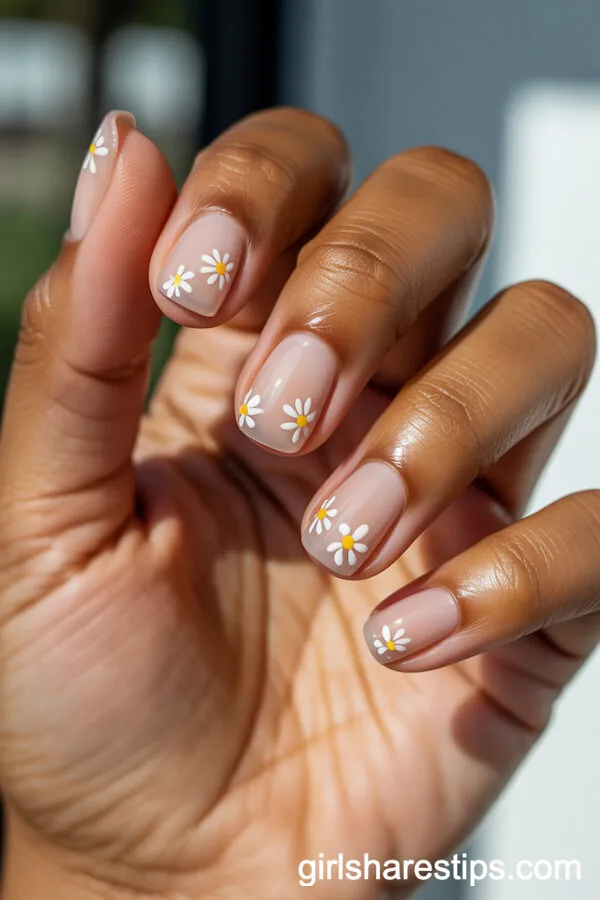 Rounded Square Transparent Nude Nails with Tiny White Daisies