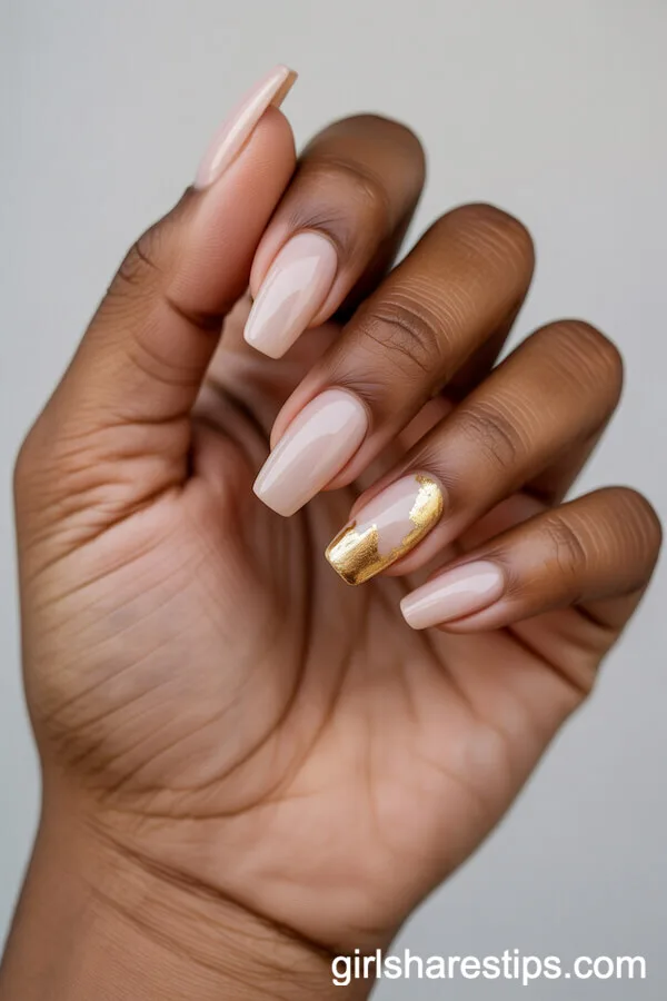 Coffin Nude Nails with Minimalist Gold Foil Accents
