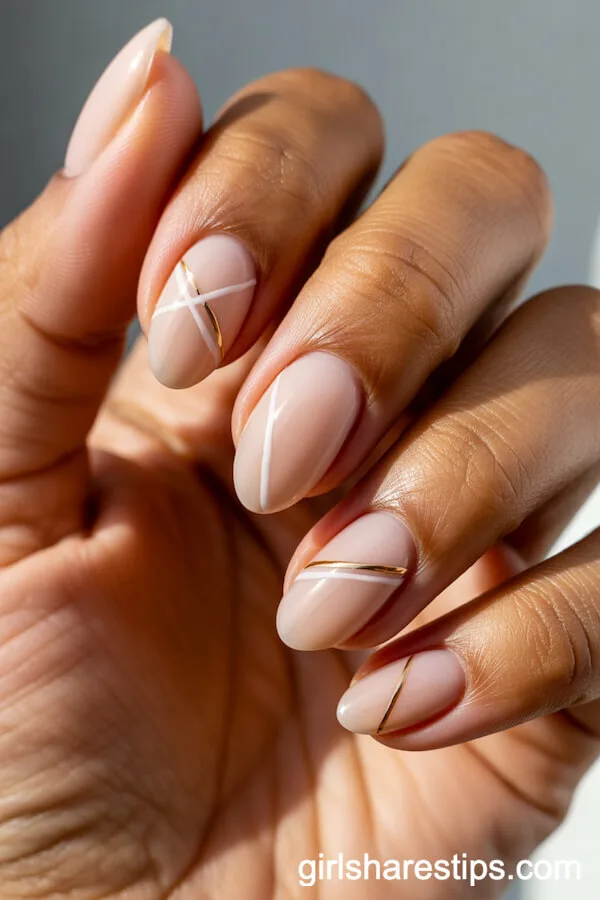 Matte Nude Almond Nails with Geometric Line Art