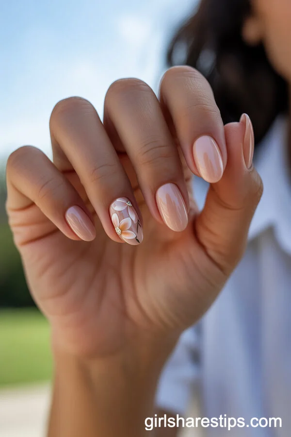 Oval Peach Nude Nails with Delicate Floral Designs
