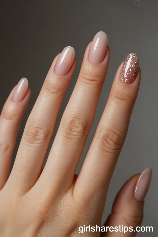 Classic Round Nude Nails with Rose Gold Glitter Accent