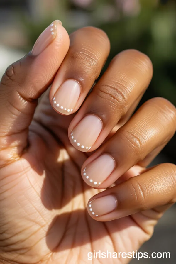 Short Nude Nails with Cute White Dots on Golden Skin
