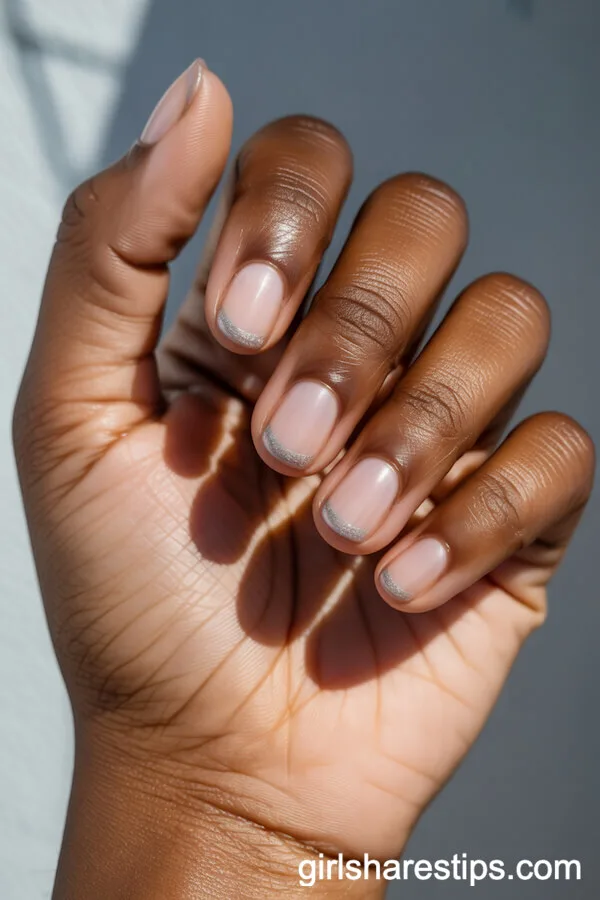 Very Short Nude Nails with Shimmer Gradient on Deep Skin