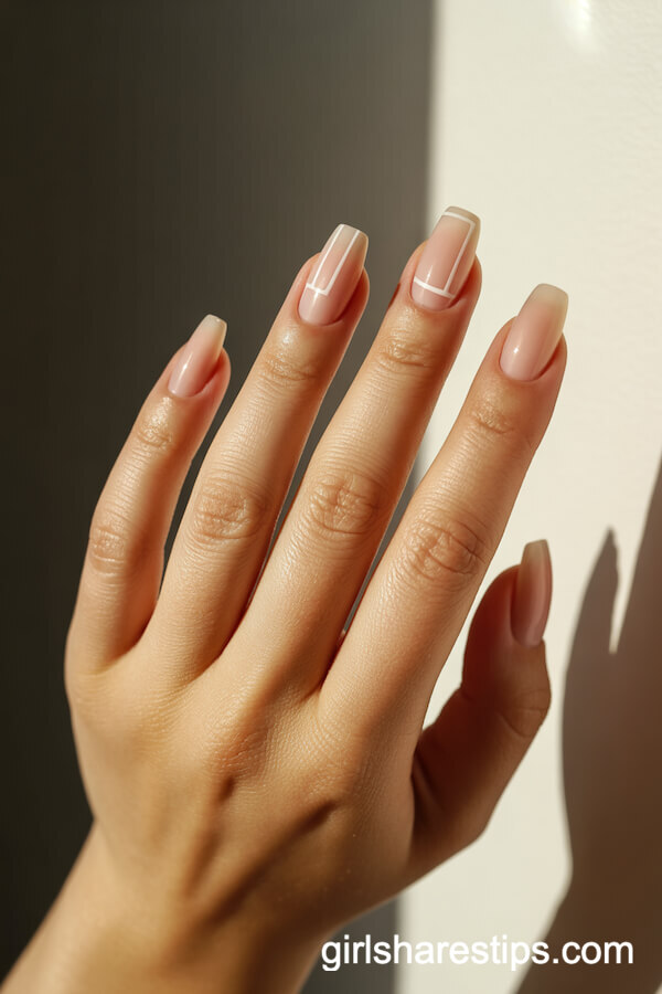 Squoval Nude Nails with Modern White Geometric Lines