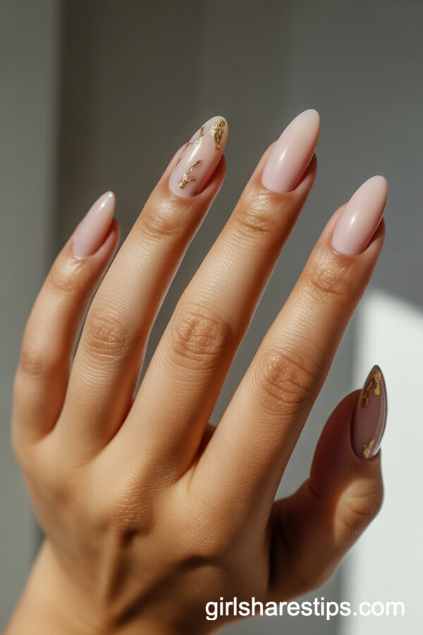 Matte Nude Almond Nails with Gold Flake Accents