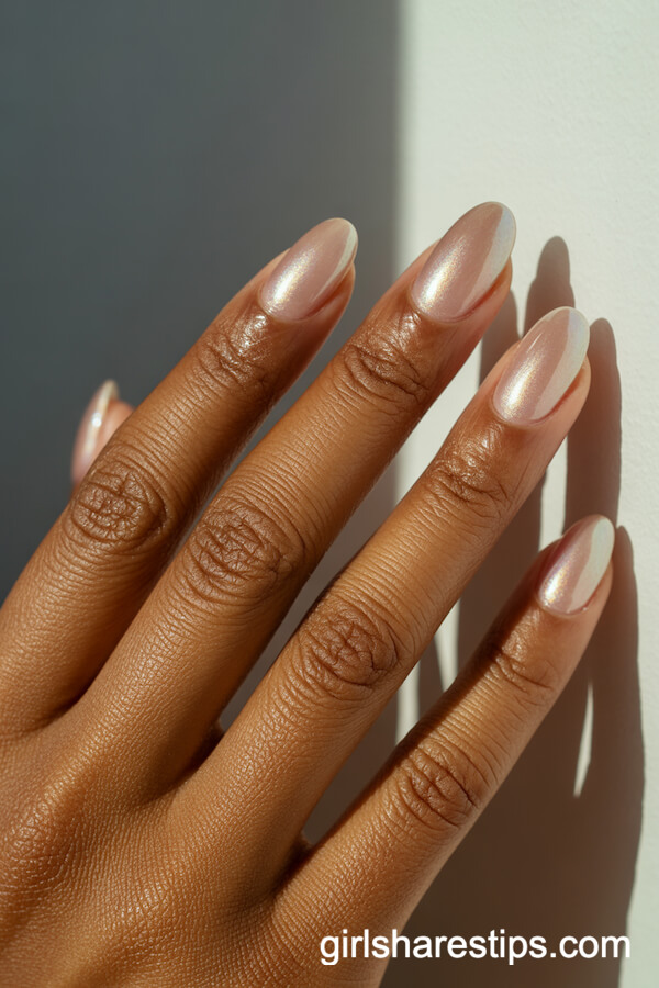 Oval Nude Nails with Iridescent Chrome Glaze