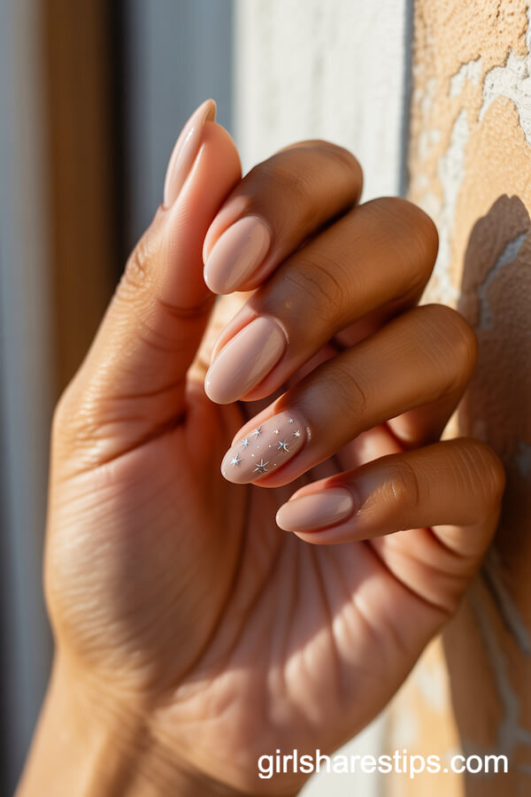 Almond Nude Nails with Micro White Star Accents