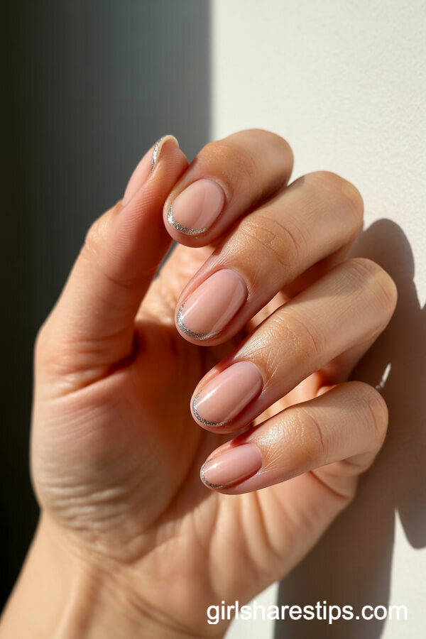 Nude Almond Nails with Silver Glitter at the Cuticles