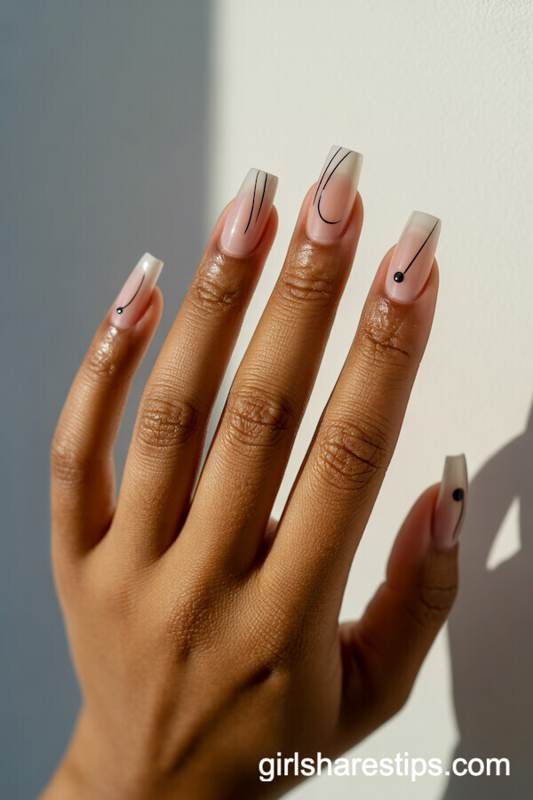 Nude Coffin Nails with Minimalist Black Dot and Line Art
