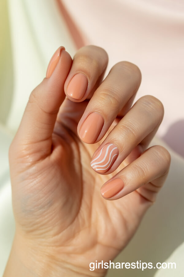 Peach Nude Round Nails with Delicate Wavy White Lines