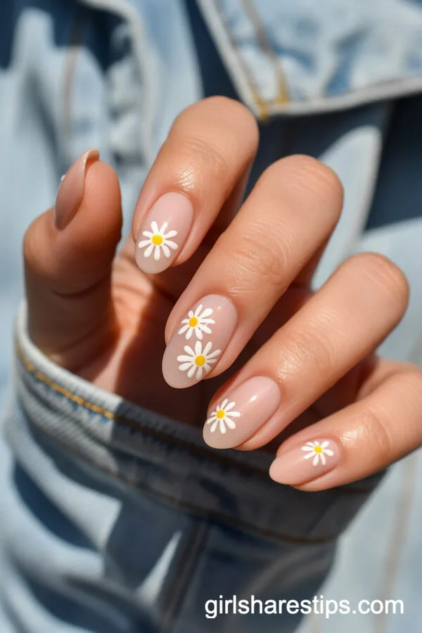 Matte Nude Almond Nails with Minimalist White Daisy Designs