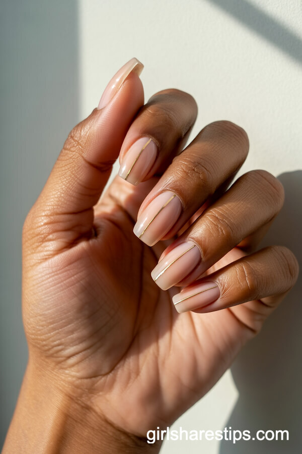 Coffin Nude Nails with Chic Gold Vertical Lines