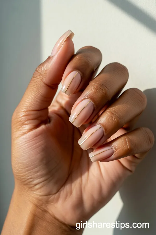 Coffin Nude Nails with Chic Gold Vertical Lines