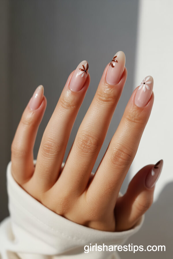 Almond Nude Nails with Delicate White and Brown Floral Art