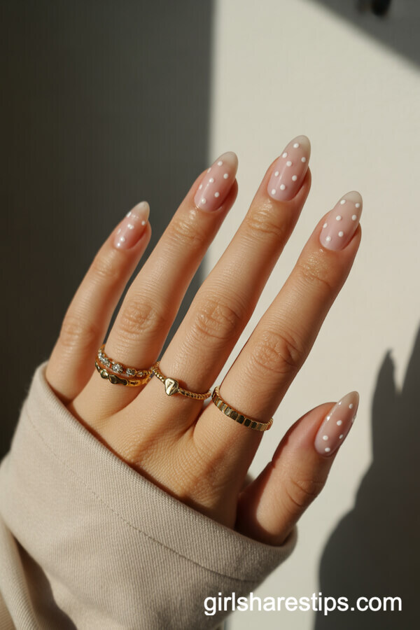 Almond Nude Nails with Playful White Polka Dots