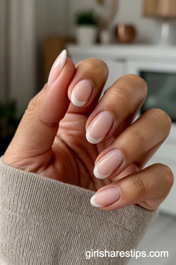 Oval Nude Nails with Micro White French Tips