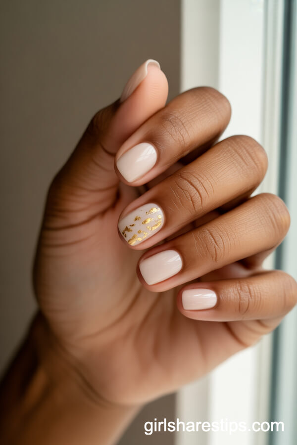 Short Square Nude Nails with Gold Leaf Accent