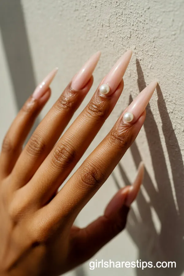 Long Ballerina Nude Nails with Pearl Accent