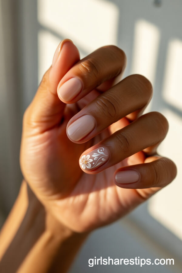 Short Oval Nude Nails with Delicate White Floral Art