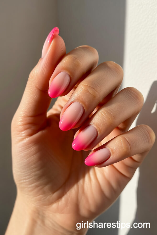 Nude-to-Hot Pink Ombre Almond Nails