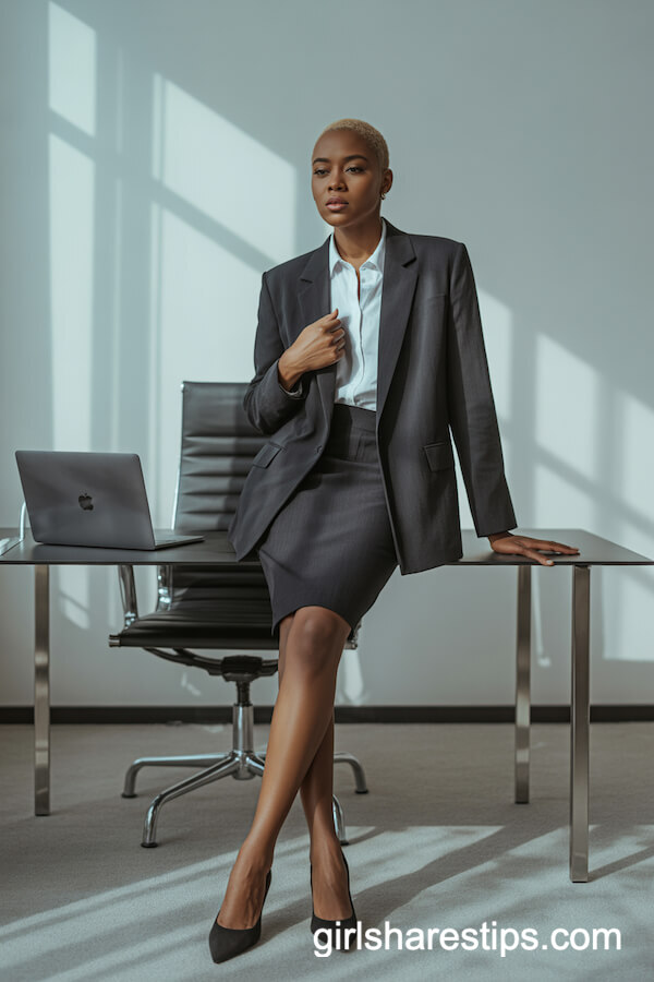 Charcoal Grey Skirt Suit with White Shirt