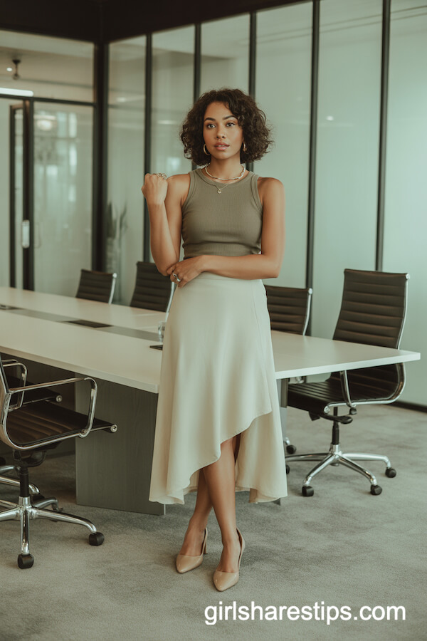 Cream Asymmetric Hem Skirt with Olive Top