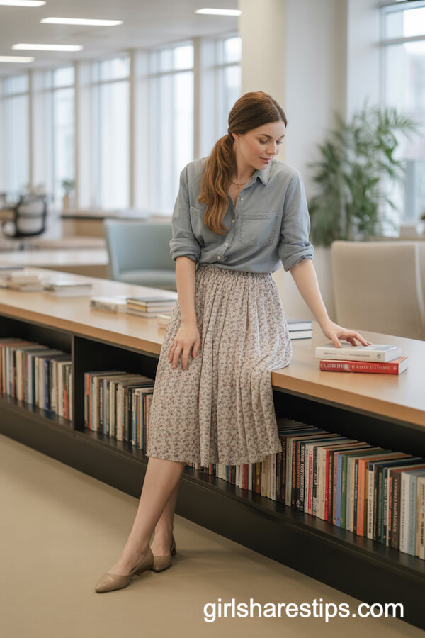 Floral Print Skirt with Chambray Shirt