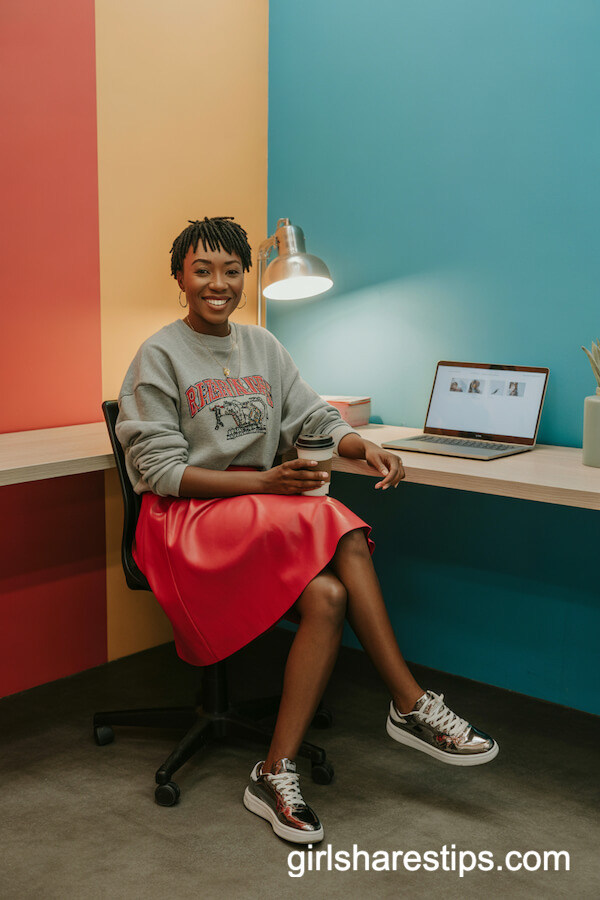Red Knee-length Skirt with Gray Sweatshirt