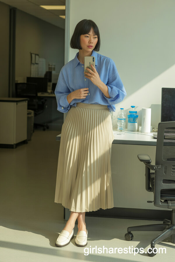 Beige Pleated Skirt with Striped Button-down