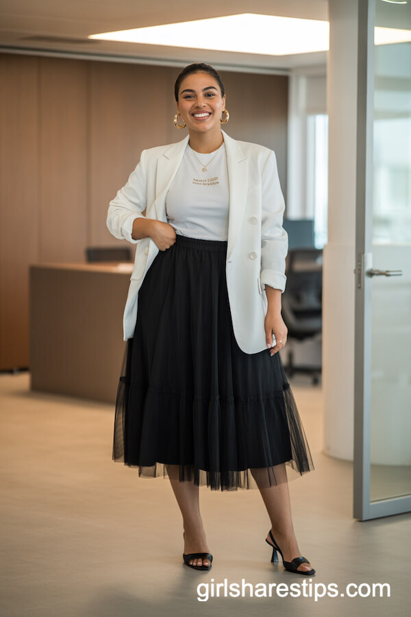 Black Tulle Midi Skirt with White Blazer