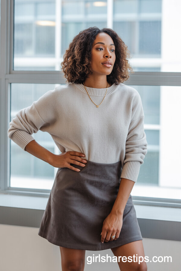 Slate Faux Suede Skirt with Light Sweater