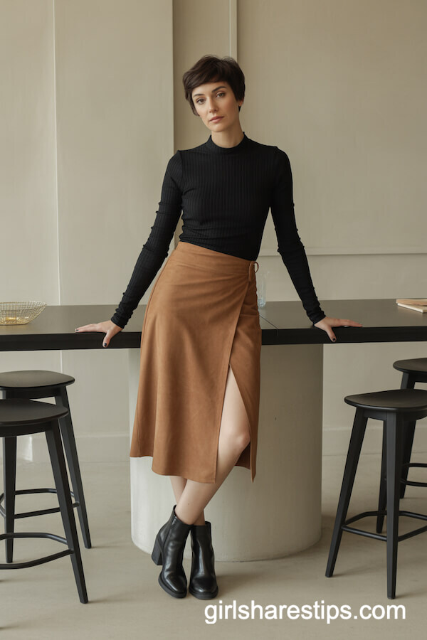Tan Suede Wrap Skirt with Black Mock Neck
