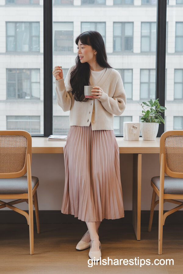 Pastel Pink Pleated Skirt with Cream Cardigan