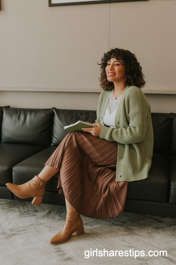 Chocolate Brown Pleated Skirt with Sage Cardigan