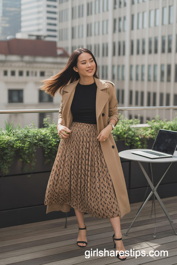 Warm Beige Printed Midi Skirt with Black Top