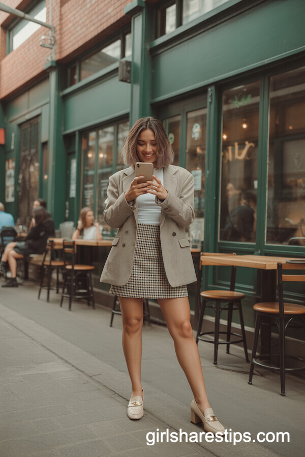 Checked Mini Skirt with Beige Blazer