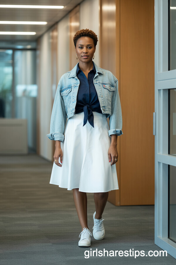 White A-line Skirt with Navy Blouse