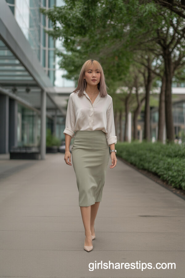 Light Olive Pencil Skirt with Silk Blouse